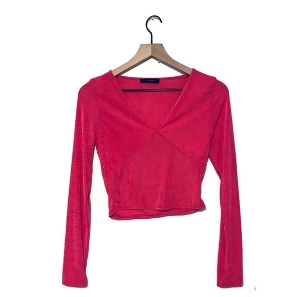 21 Saints Bright Pink Slinky Long Sleeve V Neck Crop Top Women’s size Medium